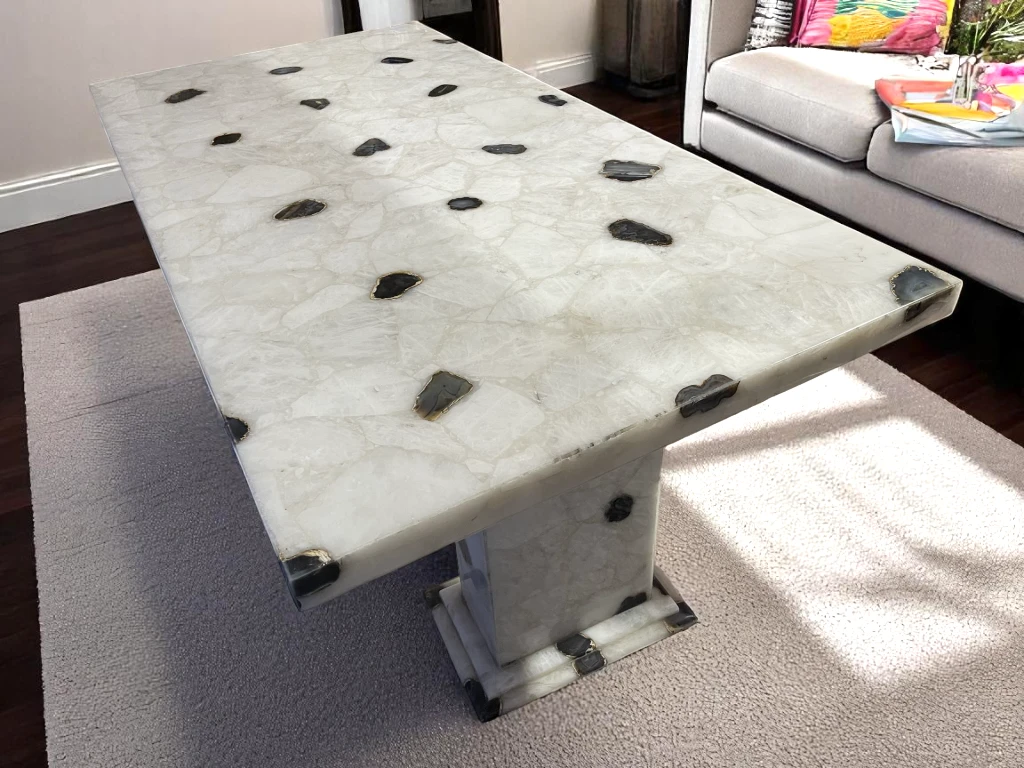White Quartz Agate Dining Table Top Handmade Luxury Furniture